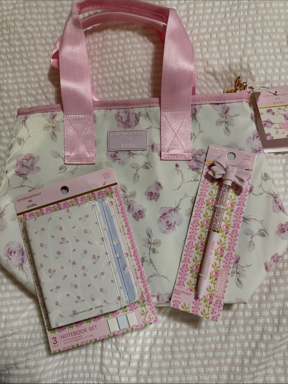 Loveshackfancy Pink Floral Lunch Tote Bow Pen & Notebook Set (3) NWT